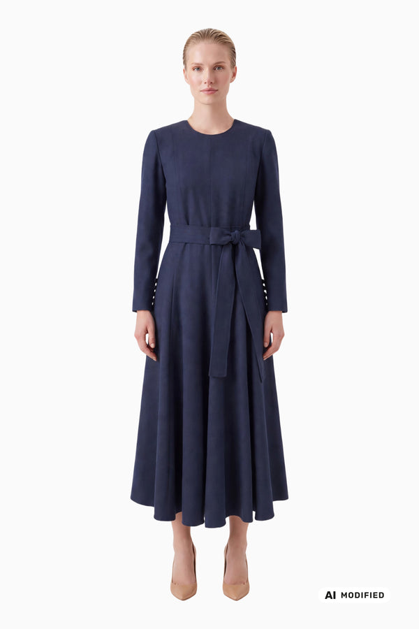 Long gabardine dress with tie belt
