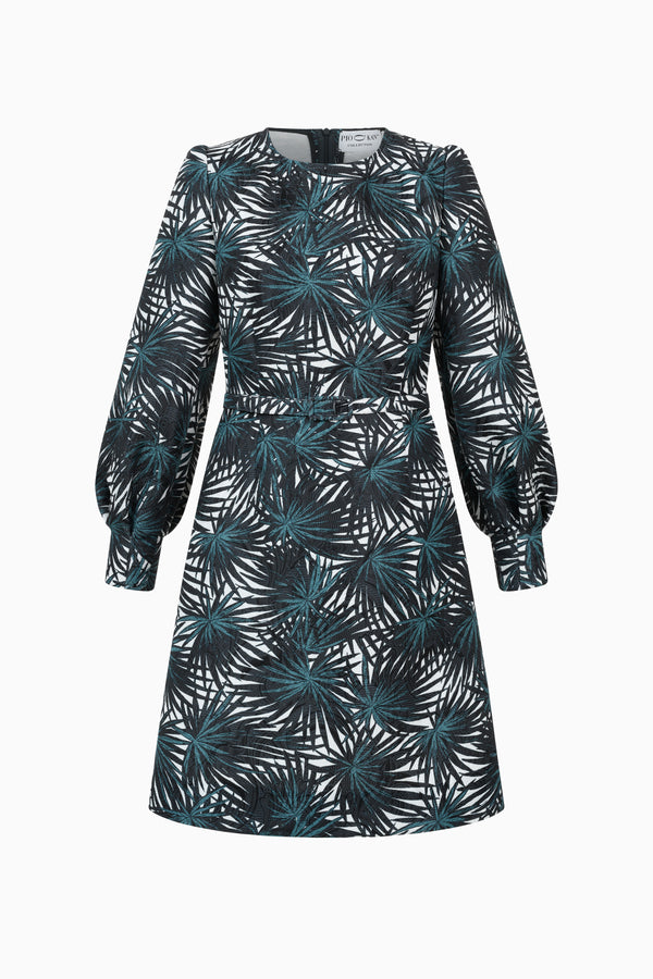 Flared dress with belt and statement sleeves in pique
