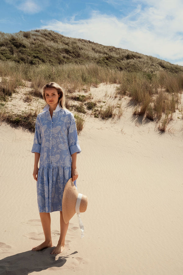 Cotton poplin dress in embroidered stripe pattern