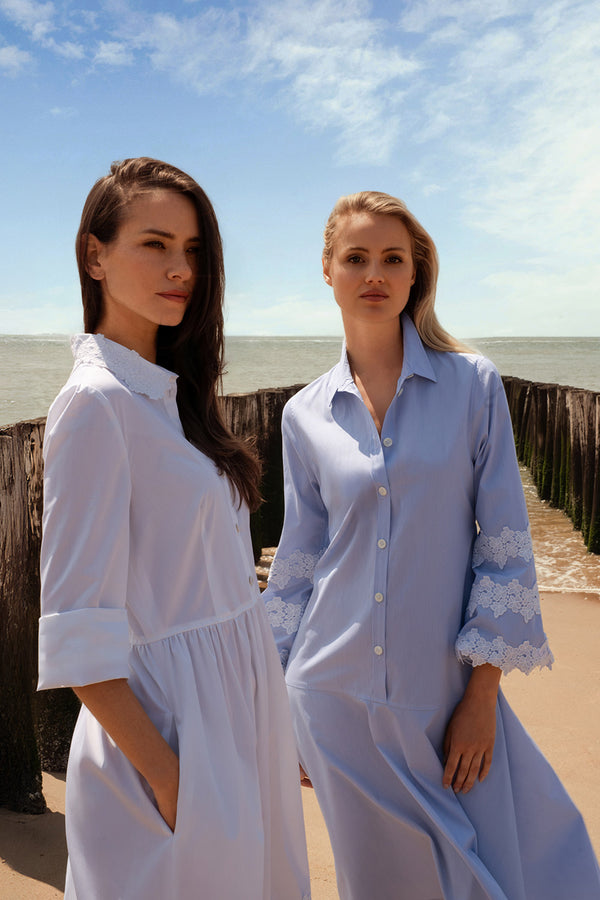 Cotton poplin dress with embroidered sleeves