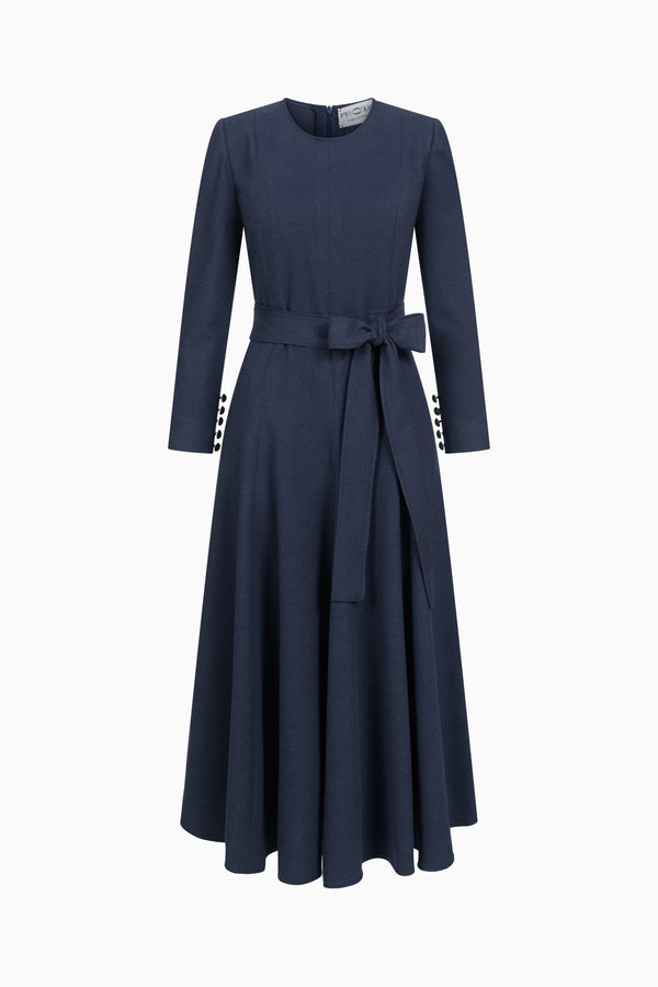 Long gabardine dress with tie belt