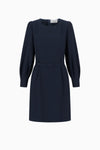 Flared crêpe dress with belt and statement sleeves