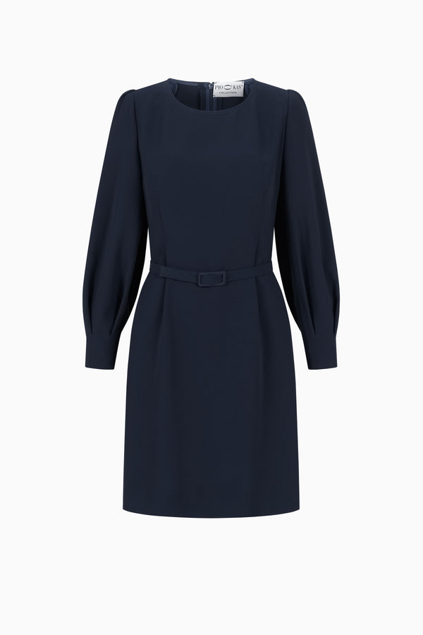 Flared crêpe dress with belt and statement sleeves