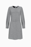 Flared dress with belt and statement sleeves in fancy jersey