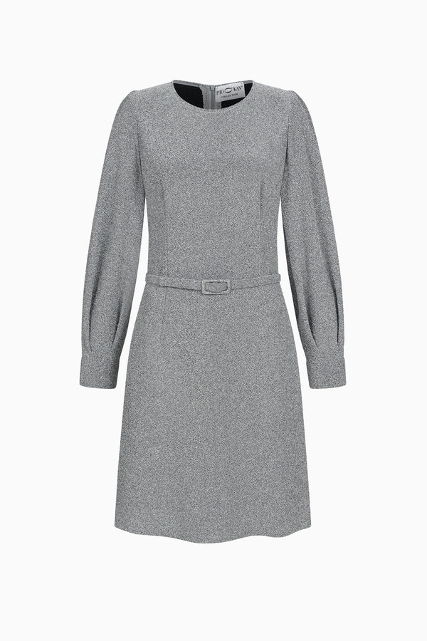 Flared dress with belt and statement sleeves in fancy jersey
