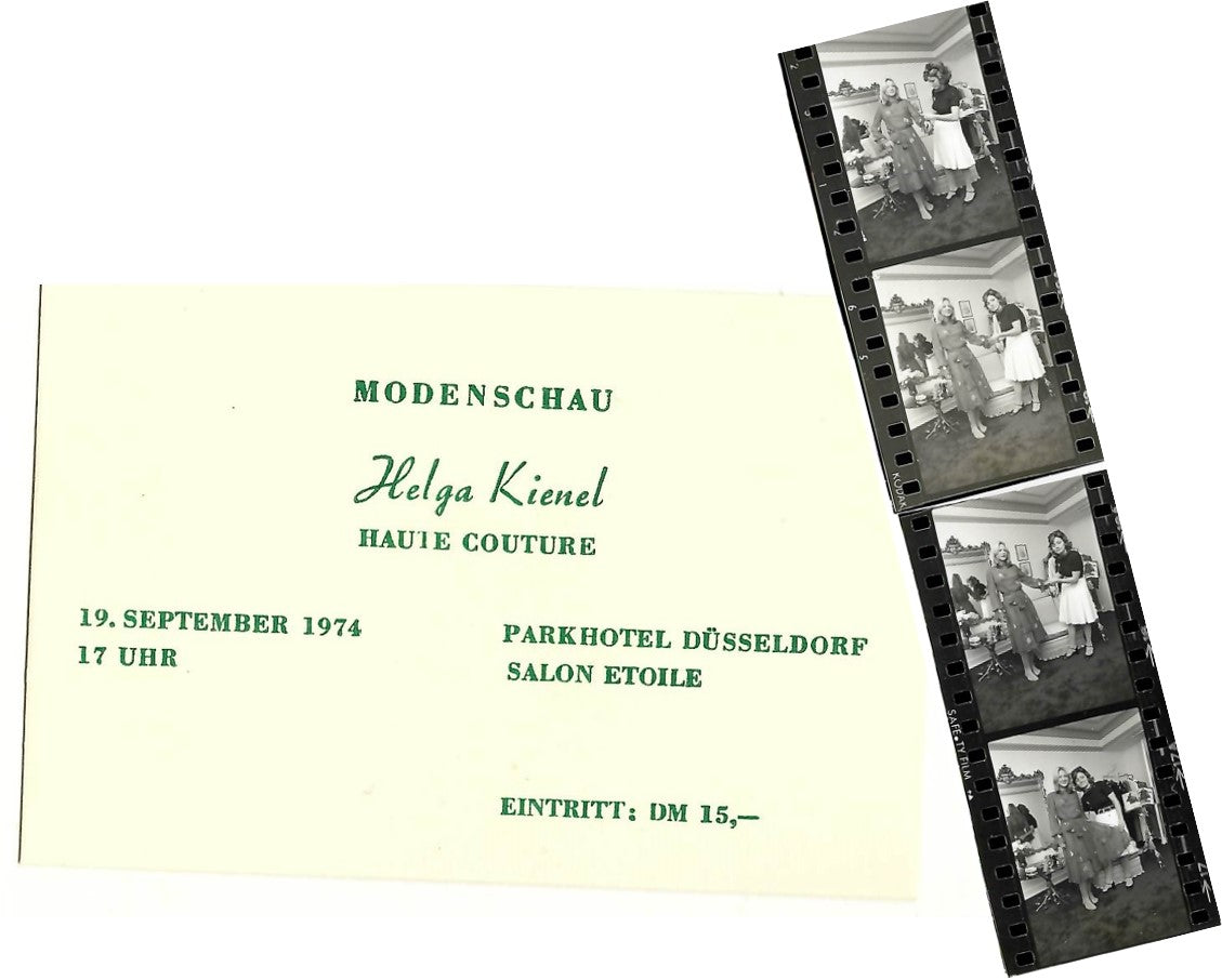 Ticket for the fashion show of Helga Kienel Haute Couture by fashion designer Helga Okan, founder of PIO O'KAN, at the Parkhotel in Düsseldorf on September 19, 1974