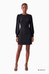 Flared dress with belt and statement sleeves in fancy jersey