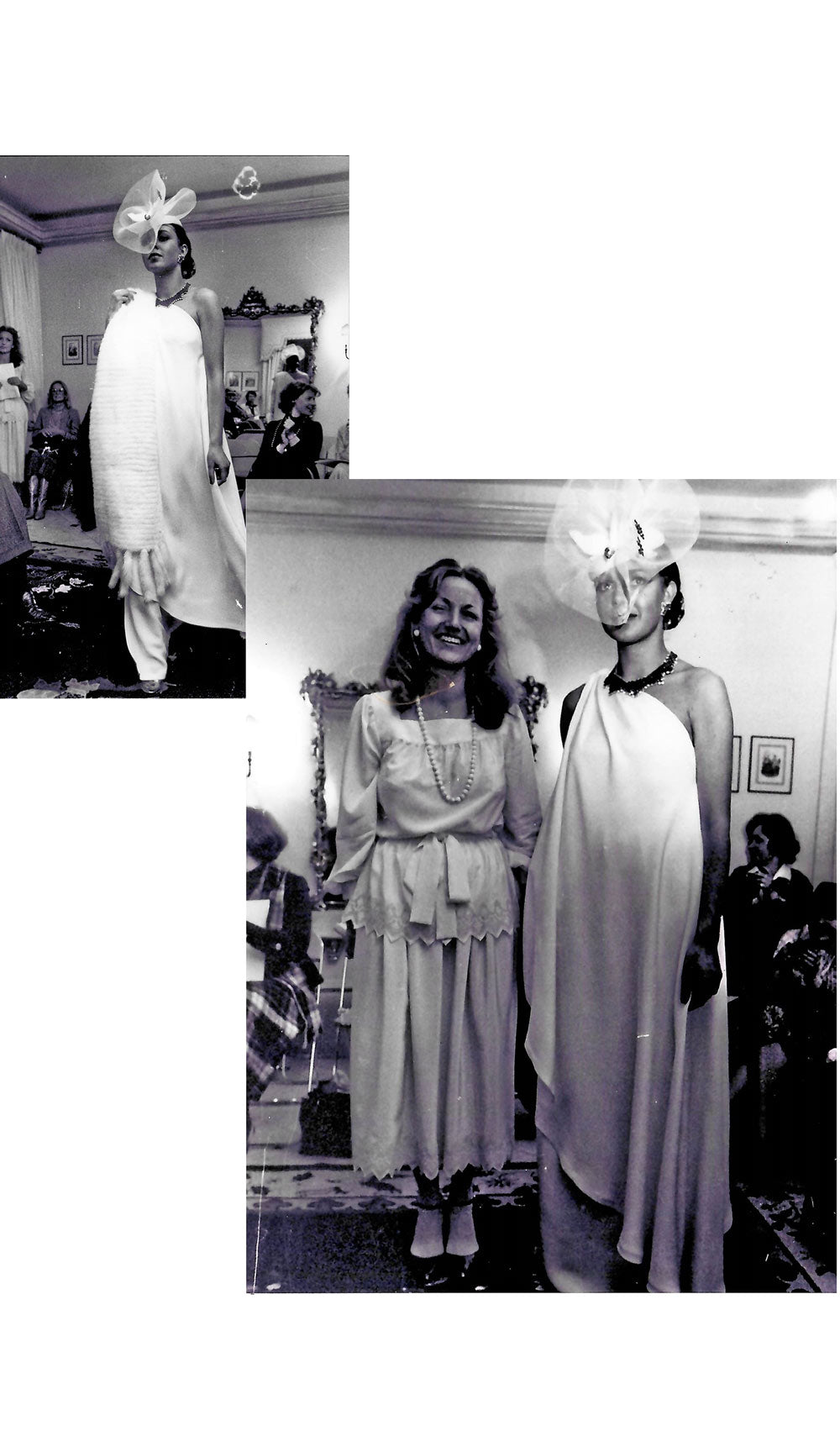Fashion designer Helga Okan, founder of PIO O'KAN, next to model, dressed in Helga Kienel Couture, the designer's couture/fashion brand in the late 1970s/early 1980s