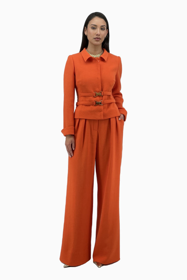 Hip-length jacket in wool crepe with double belt buckle