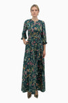 Long V-neck dress with printed silk tie belt