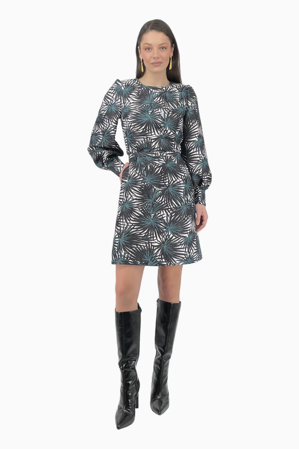 Flared dress with belt and statement sleeves in pique