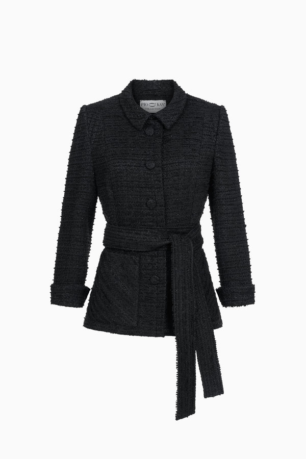 Fitted jacket with tie belt in fancy tweed