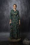 Long V-neck dress with printed silk tie belt
