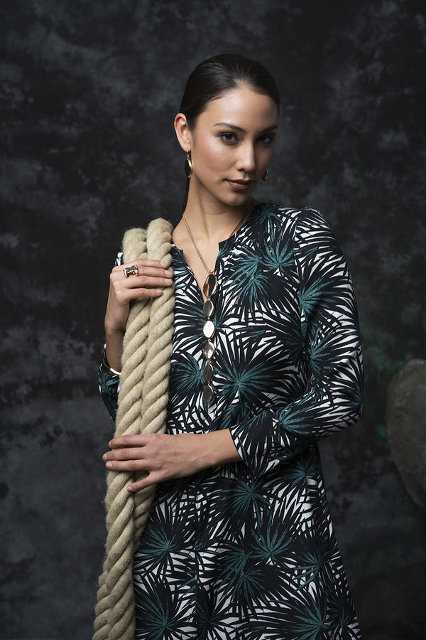 Loose V-neck dress in printed silk