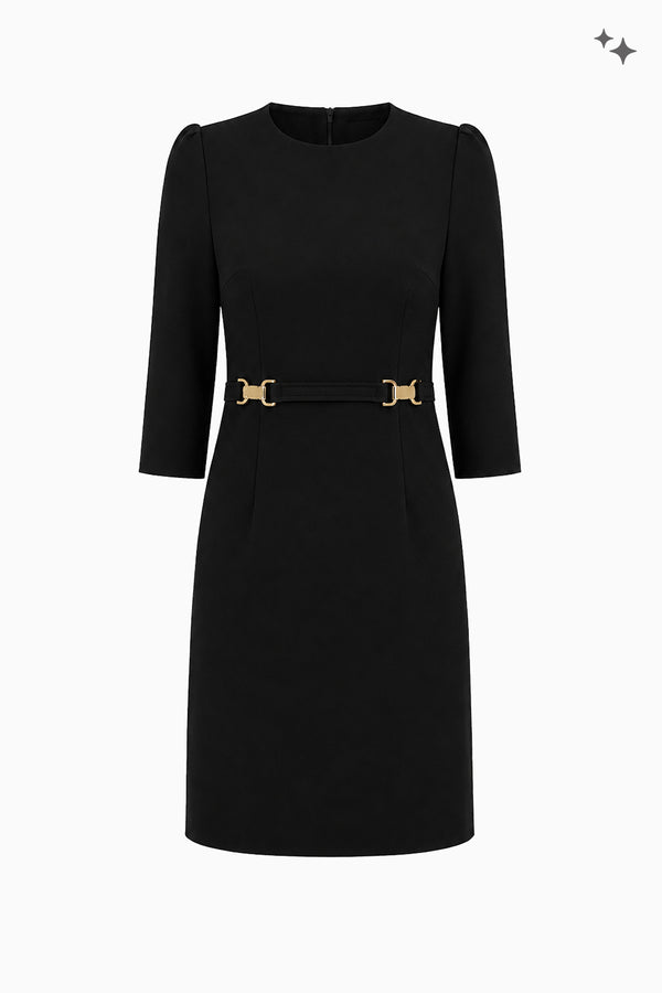 Flared wool crepe dress with golden buckle