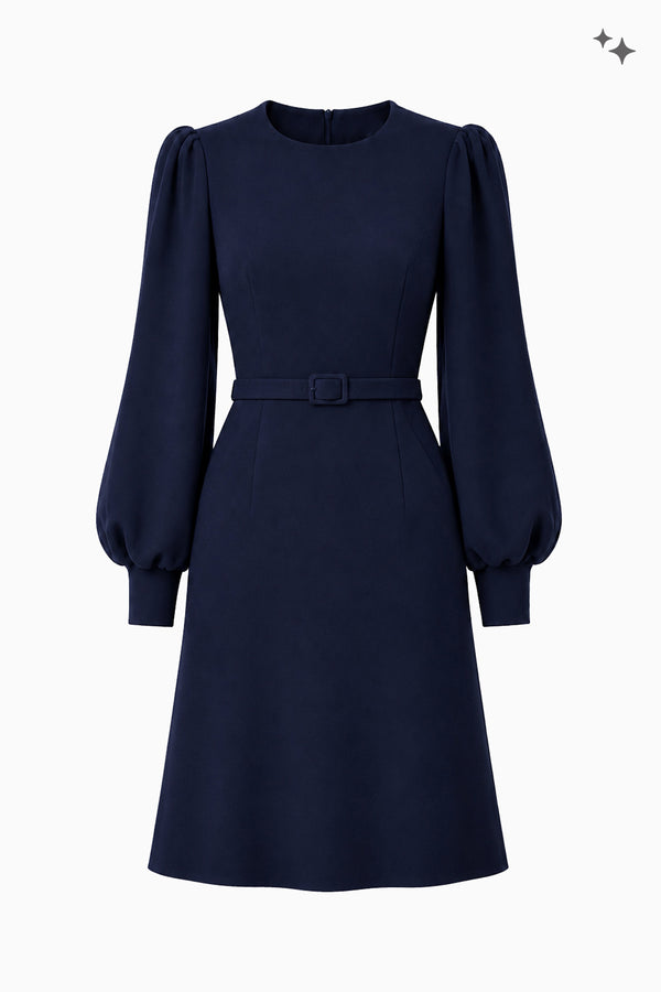 Flared crêpe dress with belt and statement sleeves