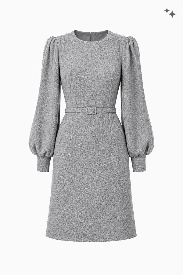 Flared dress with belt and statement sleeves in fancy jersey