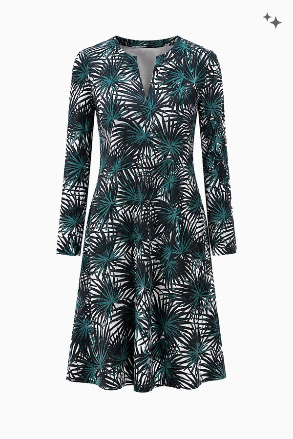 Loose V-neck dress in printed silk
