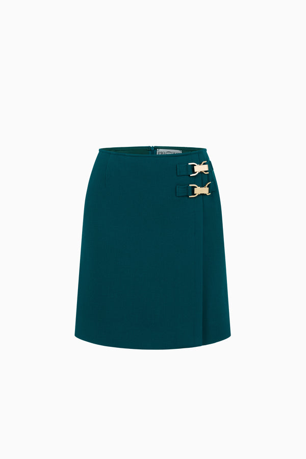 Short wool-crêpe skirt with buckle details