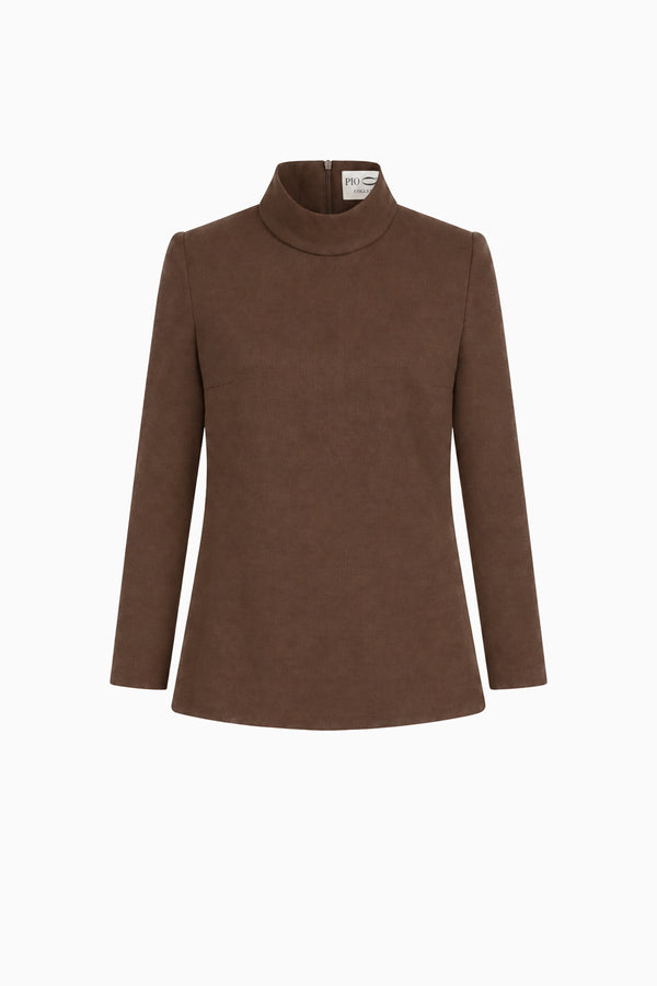 Long-sleeve jersey top with stand-up collar