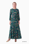 Long V-neck dress with printed silk tie belt