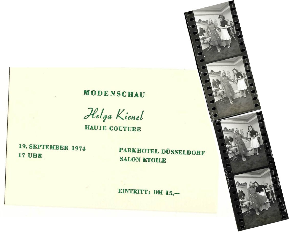 Ticket for fashion show by Helga Kienel Haute Couture by fashion designer Helga Okan, founder of PIO O'KAN, at the Parkhotel in Düsseldorf on 19 September 1974.