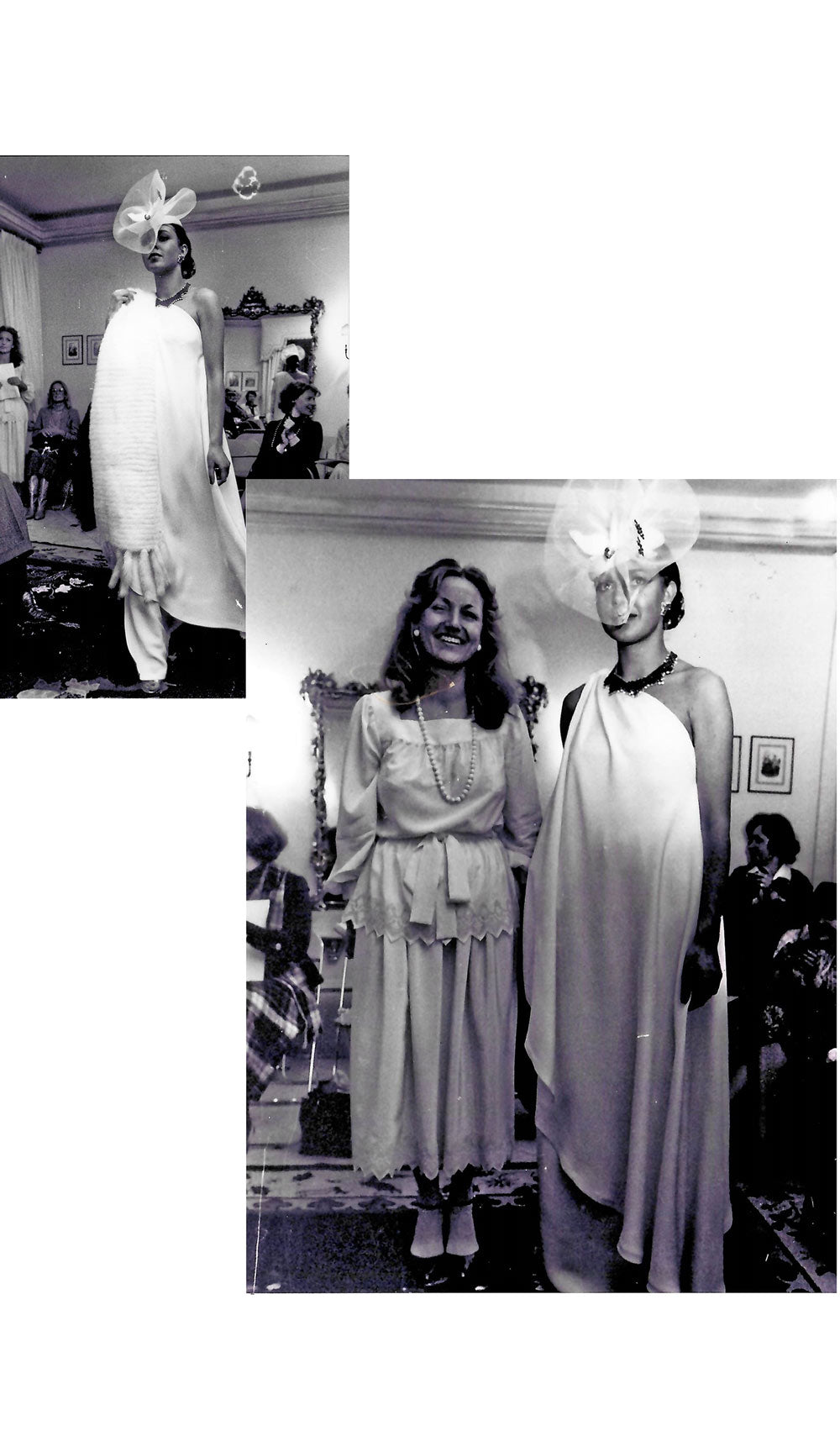 Fashion designer Helga Okan, founder of PIO O'KAN, next to model, dressed in Helga Kienel Couture, the designer's couture/fashion brand at the time in the late 1970s/early 1980s.
