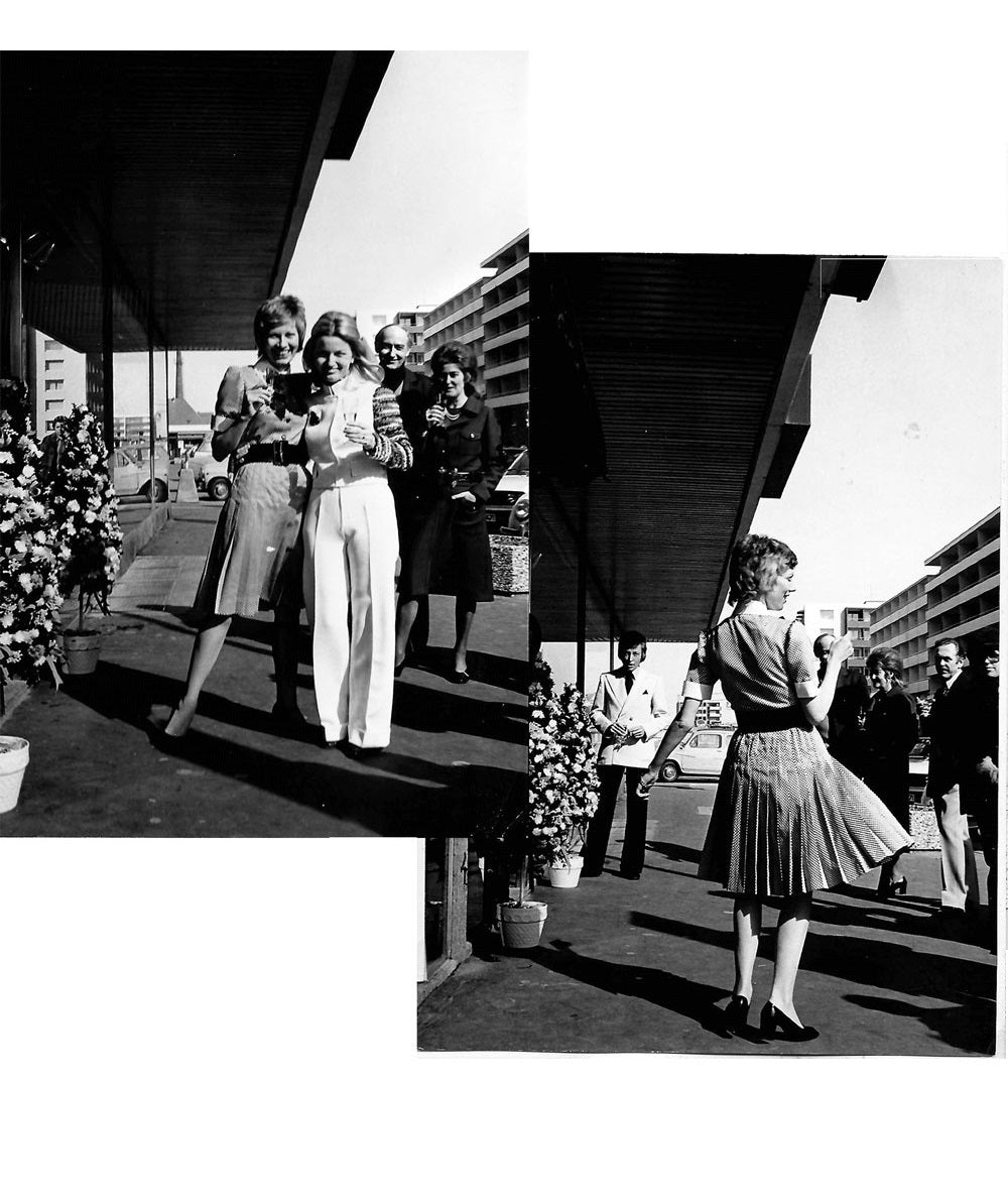 Pictures of the fashion show at the opening of the couture/fashion shop of Helga Okan, founder of PIO O'KAN, on Sylt, 1972.