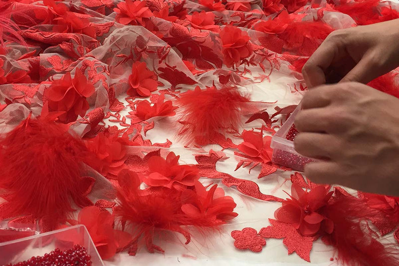 PIO O'KAN Haute Couture fabric red feathers tulle embroidery