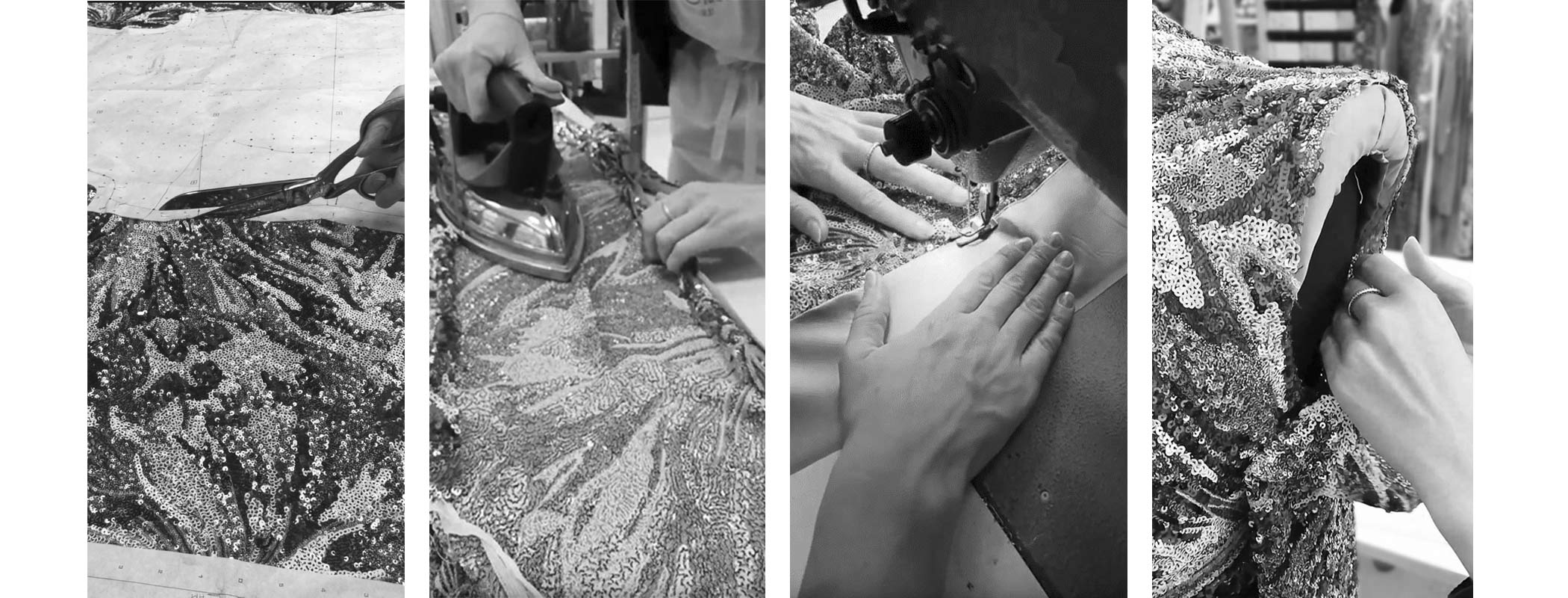 PIO O'KAN Couture Collection Herbst/Winter 2021/22 Making-of Stoff zuschneiden Bügeln Futter einnähen zusammennähen zusammenstecken Ärmel annähen