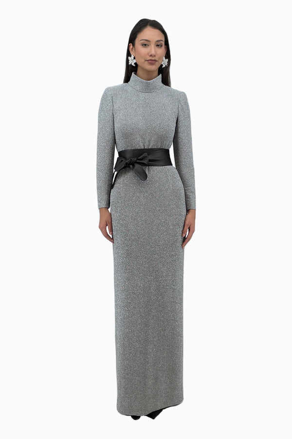 Langes Kleid mit Stehkragen aus Fancy Jersey