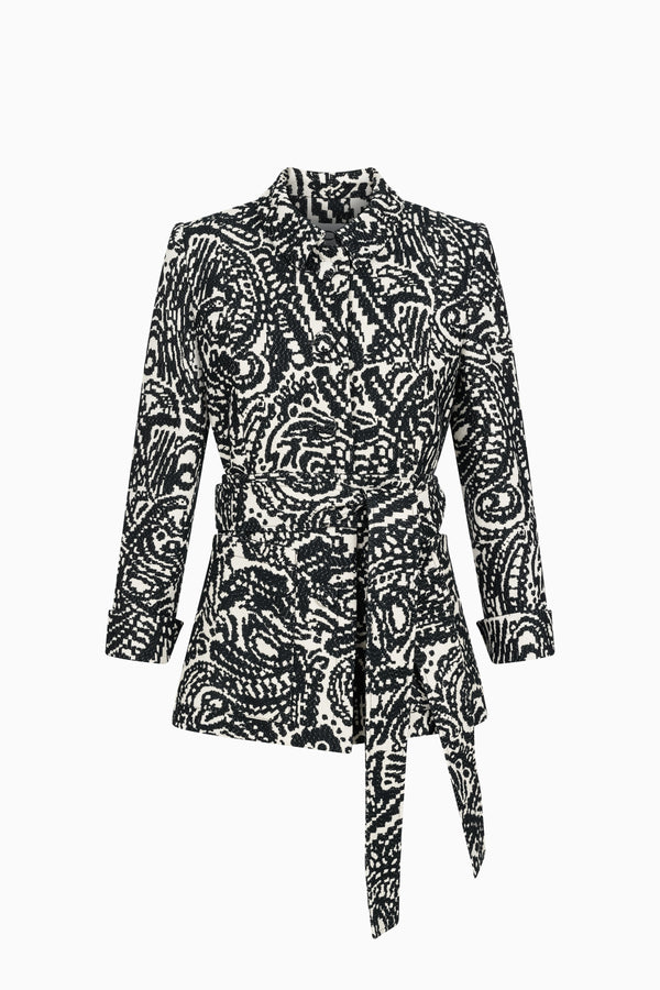 Hüftlange Jacke aus Jacquard mit Bindegürtel