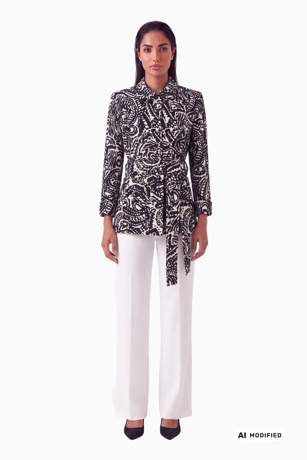 Hüftlange Jacke aus Jacquard mit Bindegürtel