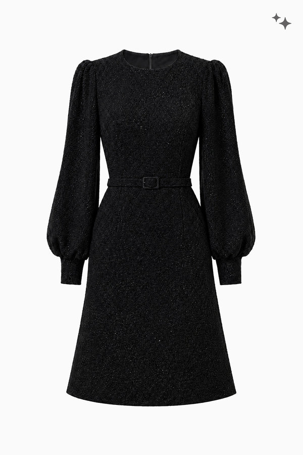 Ausgestelltes Kleid mit Gürtel und Statementärmeln aus Fancy Jersey