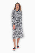 Langes Baumwollkleid mit Kragen und Knopflochleiste in Zebra Muster
