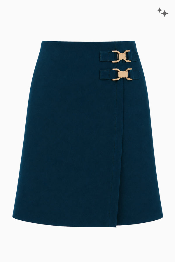 Short wool-crêpe skirt with buckle details