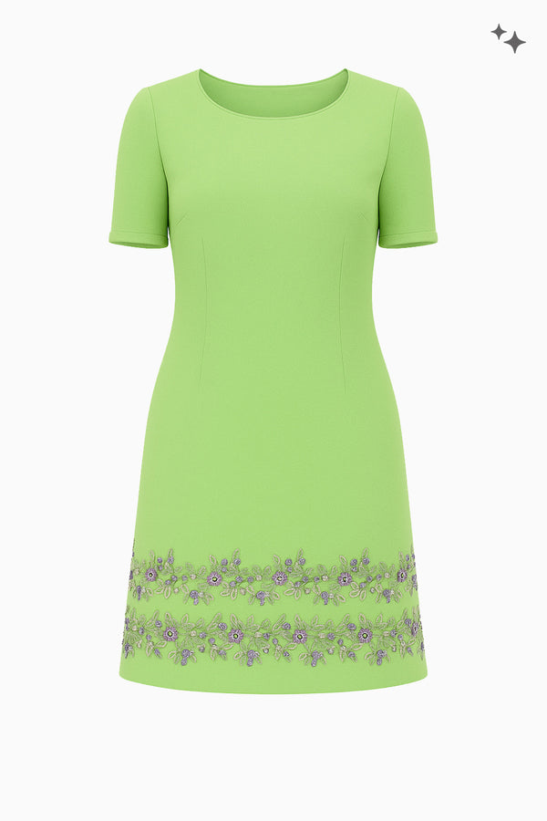 Ausgestelltes Kleid aus Wollcrêpe mit Blumenspitzenborte