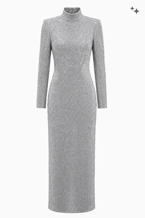 Langes Kleid mit Stehkragen aus Fancy Jersey