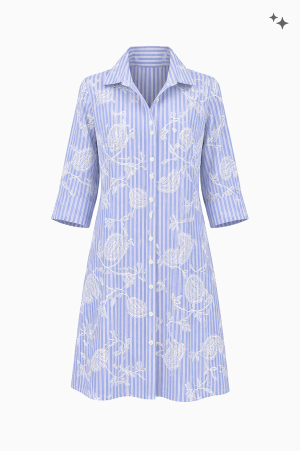 Hemdblusenkleid aus Baumwollpopeline in besticktem Streifenmuster