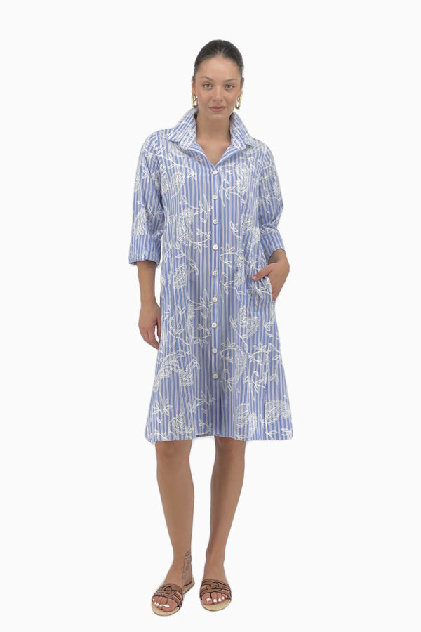 Hemdblusenkleid aus Baumwollpopeline in besticktem Streifenmuster