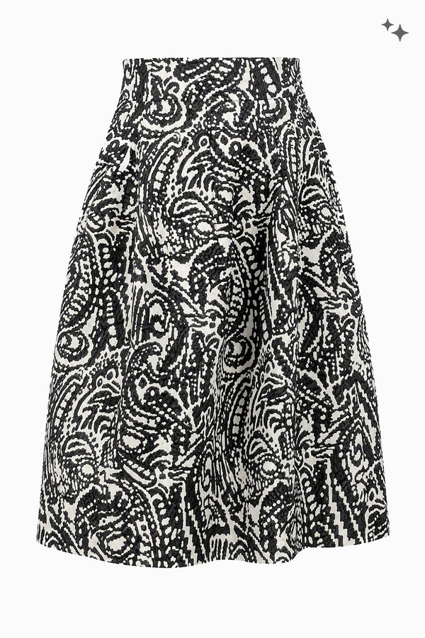 Weiter Rock mit hohem Bund in schwarz-weißem Jacquard Muster