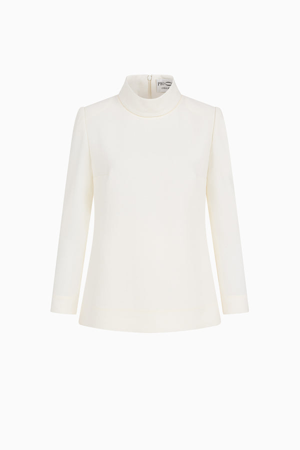 Long-sleeve top with stand-up collar in wool crepe