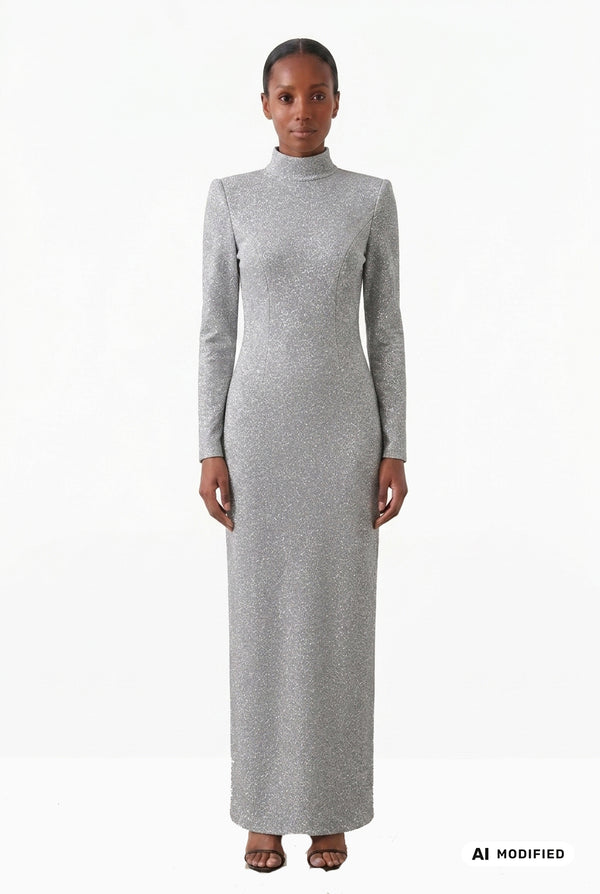 Langes Kleid mit Stehkragen aus Fancy Jersey
